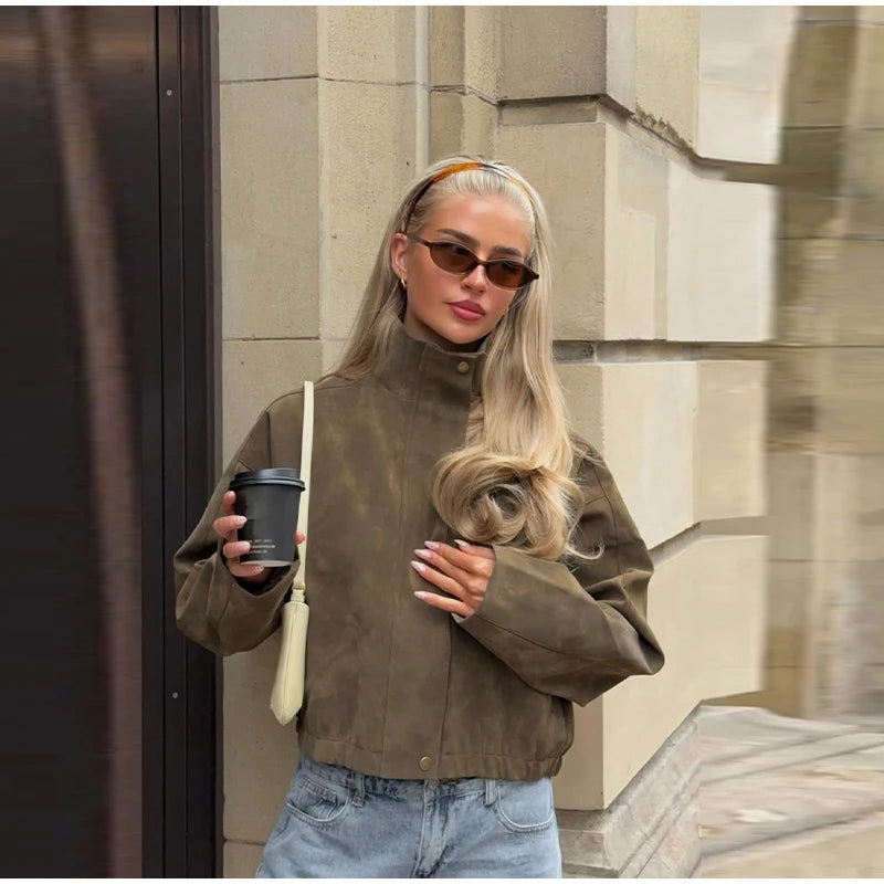 2026 Spring New Long Sleeve Bomber Jackets For Women Elegant Solid Stand Collar Short Coats High Street Chic Lady Outerwear