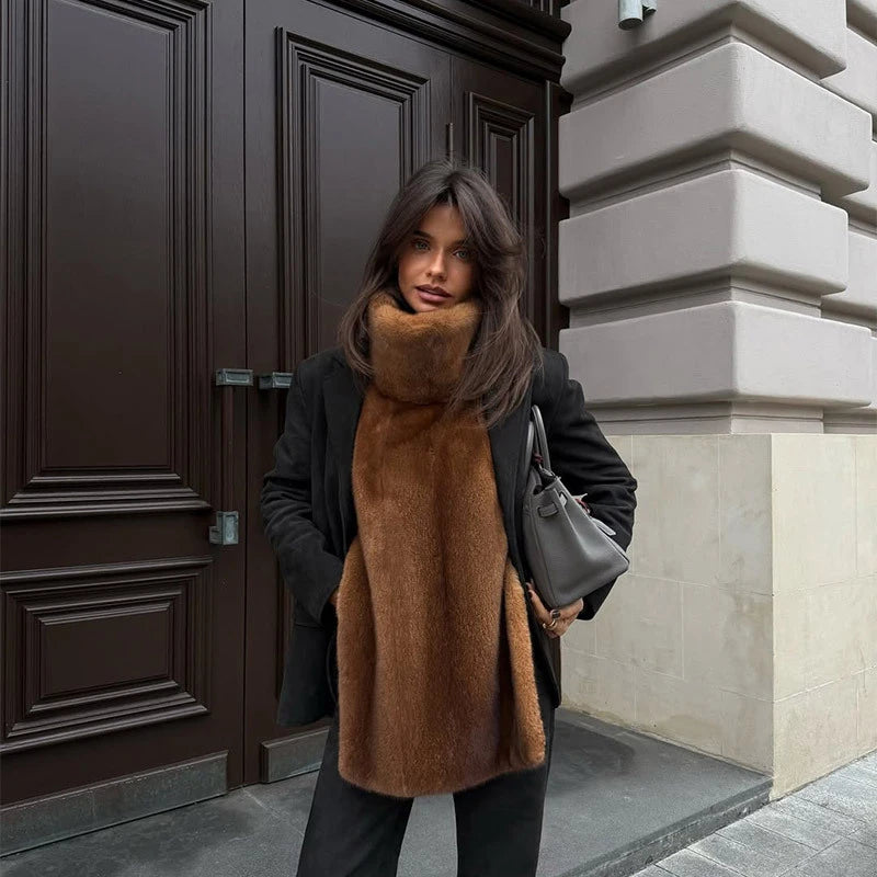 Street Faux Fur Patchwork Cropped Coats Women Loose Lapel Full Sleeve Pockets Warm Jackets 2025 Winter Lady Fashion Outwear