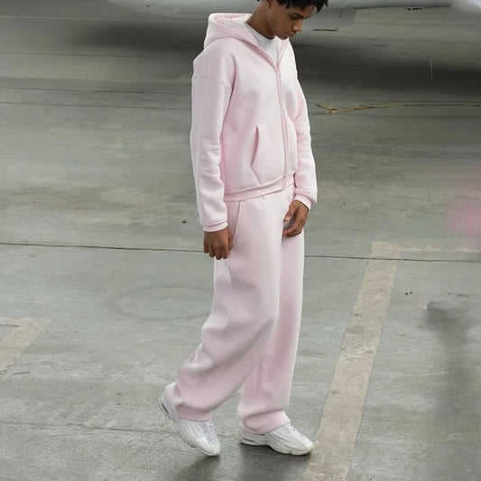 2025 New Men Clothing Tracksuit Hoodie Solid Color Warm Sweater Loose Oversized Sports Suit Pullover Pink Street Fashion
