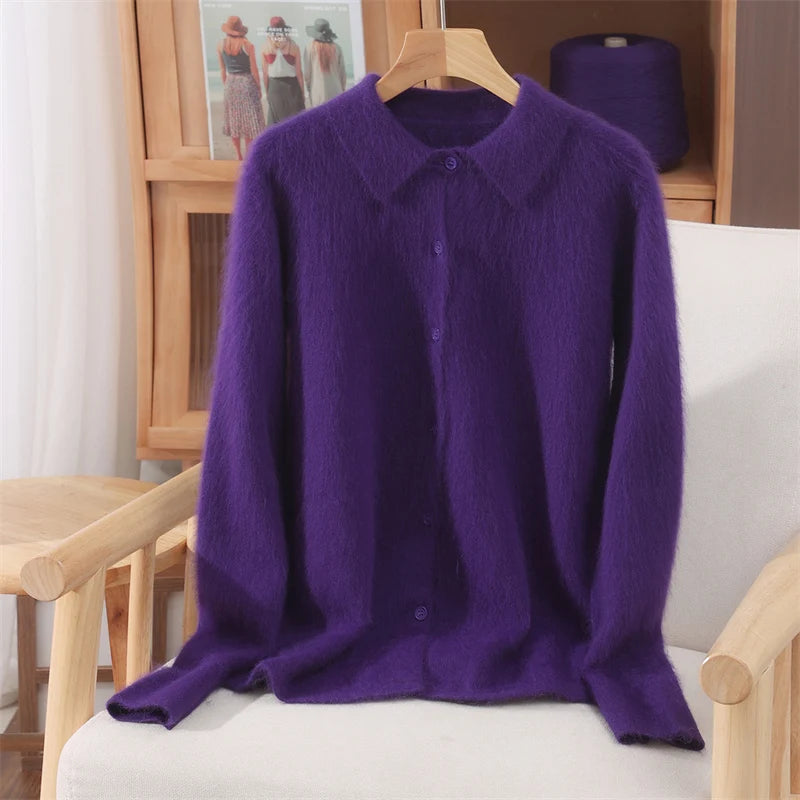 Polo Collar Commute Cardigan Casual Loose Women's Autumn Winter 100% Mink Cashmere Sweater Soft Warm Exquisite Clothing Tops
