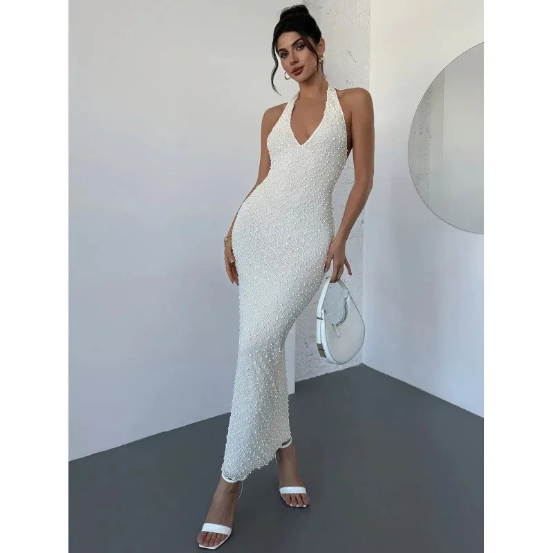 2025 Women Cross Summer Dress Long Skirt for border Fashion Elegant Beauty V-neck European and American Bareback Hanging Neck