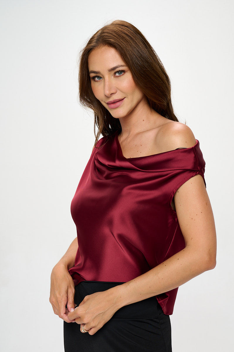 Dropped Shoulder Long Sleeve Satin Top