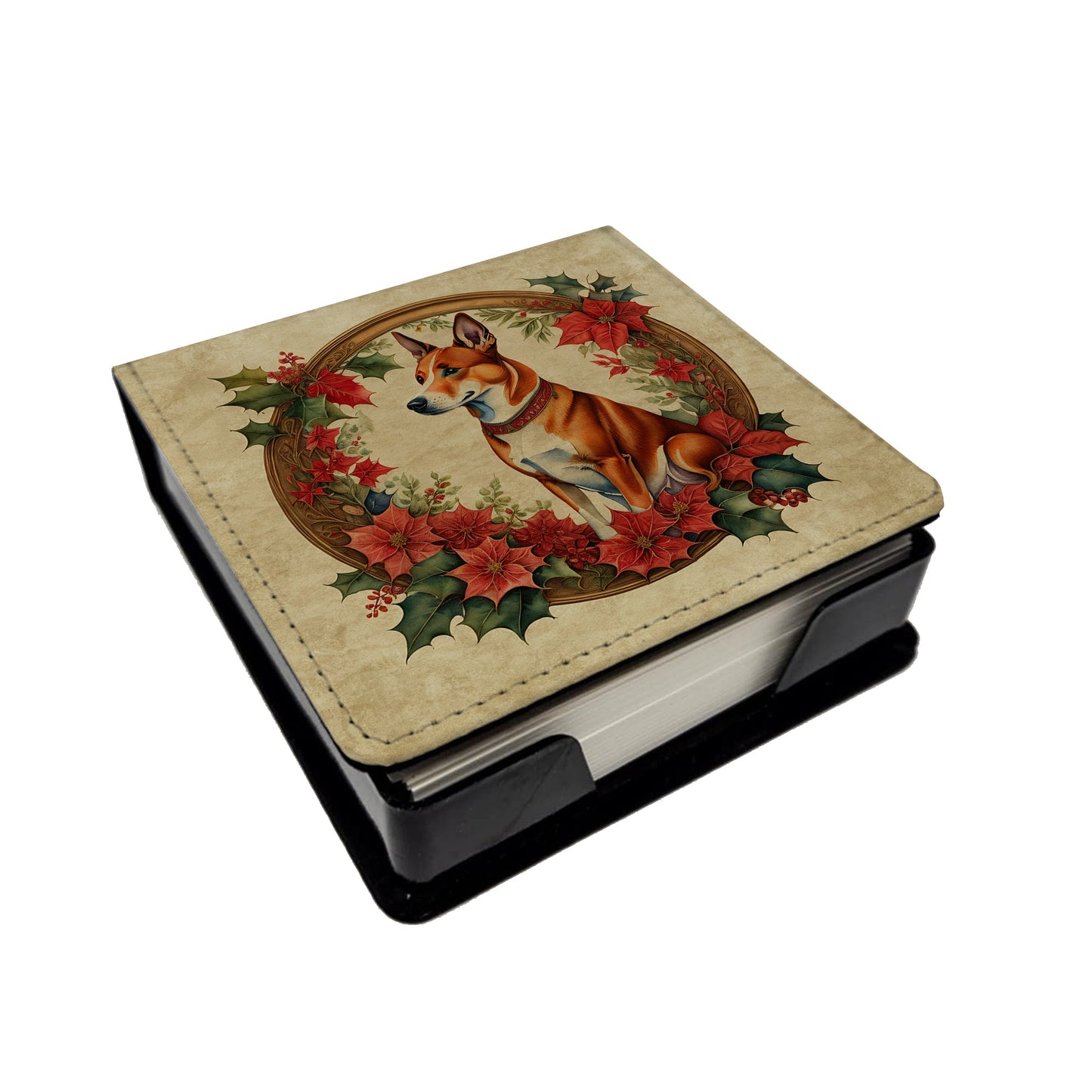 Basenji Christmas Flowers PU Leather Note Paper Holder