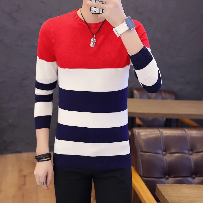 Hot sale men's sweater 2025 Spring Autumn new students South Korean Slim youth striped sweater red and black two colors M-XXL