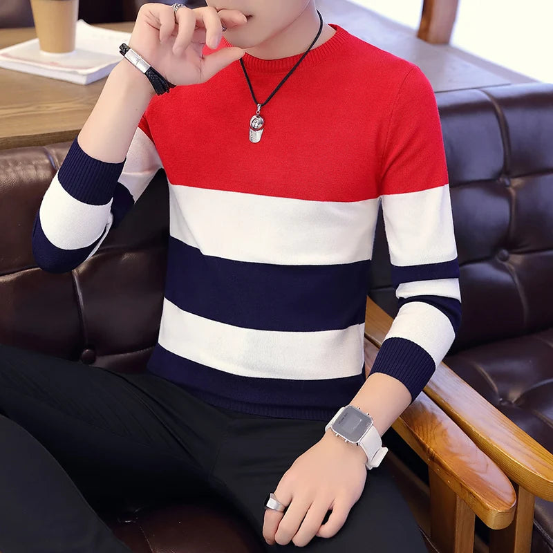 Hot sale men's sweater 2025 Spring Autumn new students South Korean Slim youth striped sweater red and black two colors M-XXL