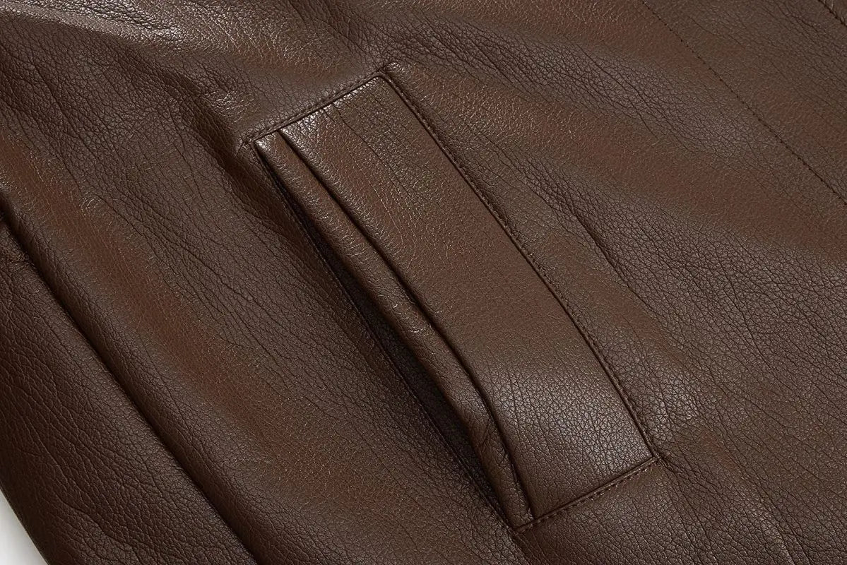 American Maillard coffee color design sense, lace-up and thin leather jacket, huge good-looking autumn wear, Korean coat top