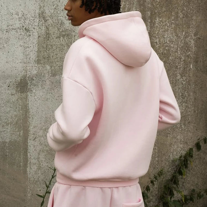 2025 New Men Clothing Tracksuit Hoodie Solid Color Warm Sweater Loose Oversized Sports Suit Pullover Pink Street Fashion