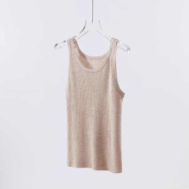 Fine-Spun 100% Superfine Merino Wool Round-Neck Knitted Camisole for Women, Thin, Slim-Fitting, Sleeveless Base Layer Top