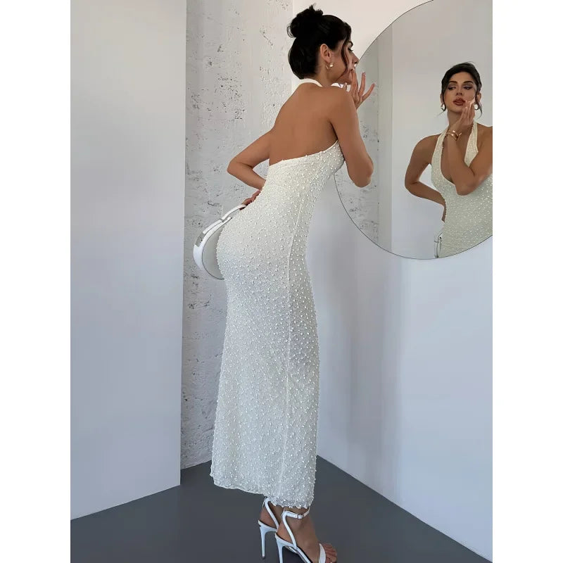 2025 Women Cross Summer Dress Long Skirt for border Fashion Elegant Beauty V-neck European and American Bareback Hanging Neck