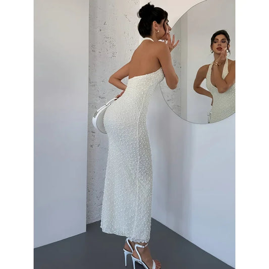 2025 Women Cross Summer Dress Long Skirt for border Fashion Elegant Beauty V-neck European and American Bareback Hanging Neck