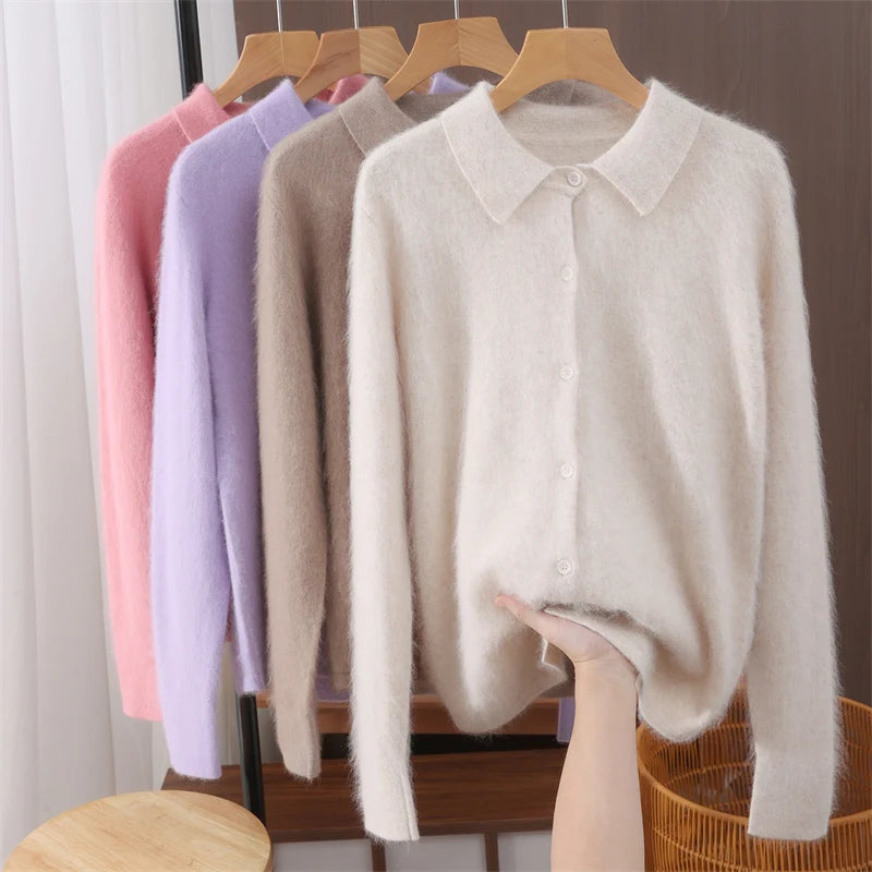 Polo Collar Commute Cardigan Casual Loose Women's Autumn Winter 100% Mink Cashmere Sweater Soft Warm Exquisite Clothing Tops