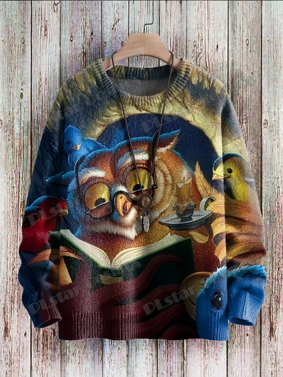 PLstar Cosmos Retro Owl & flowers Pattern 3D Printed Men's Knitted Pullover Winter Unisex Casual Knit Pullover Sweater ZZM116