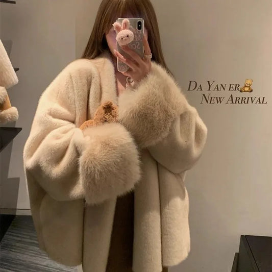 Women Autumn Winter Plush Coats Elegant Solid Color Office Patchwork Cuff Collar Loose-fit Coat V-neck Chic Fashionable Jackets