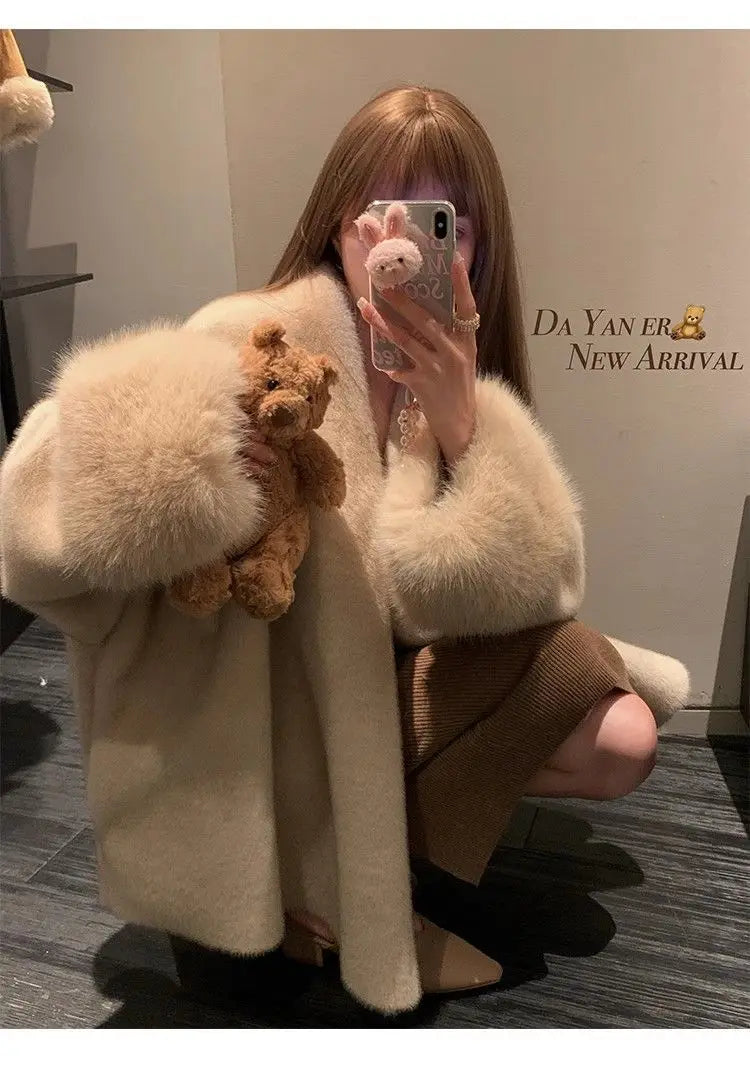 Women Autumn Winter Plush Coats Elegant Solid Color Office Patchwork Cuff Collar Loose-fit Coat V-neck Chic Fashionable Jackets