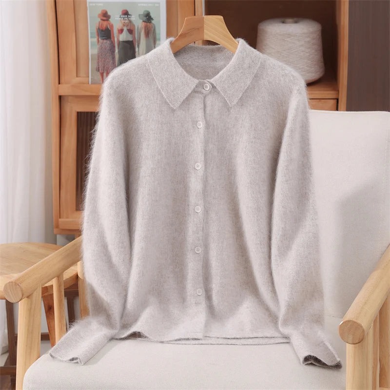 Polo Collar Commute Cardigan Casual Loose Women's Autumn Winter 100% Mink Cashmere Sweater Soft Warm Exquisite Clothing Tops