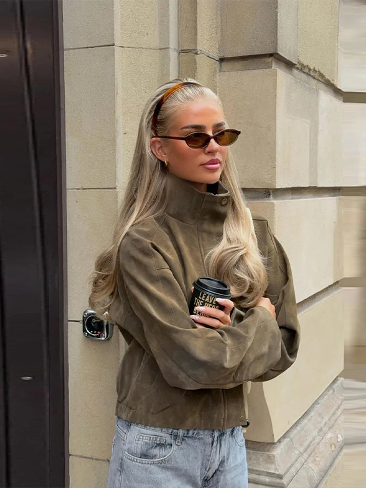 2026 Spring New Long Sleeve Bomber Jackets For Women Elegant Solid Stand Collar Short Coats High Street Chic Lady Outerwear