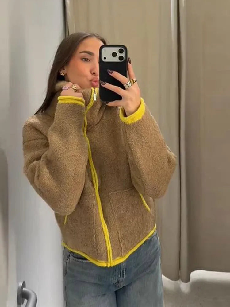 2025 New Winter Cardigans Jackets Fashion Women Loose Contrasting Color Pilot Zipper Coats Casual Streetwear Thicken Outerwear