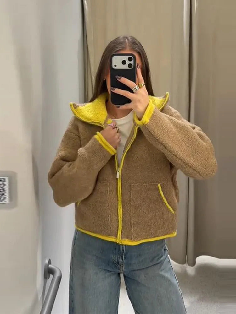 2025 New Winter Cardigans Jackets Fashion Women Loose Contrasting Color Pilot Zipper Coats Casual Streetwear Thicken Outerwear