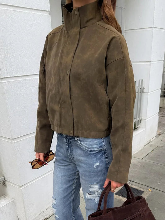 2026 Spring New Long Sleeve Bomber Jackets For Women Elegant Solid Stand Collar Short Coats High Street Chic Lady Outerwear