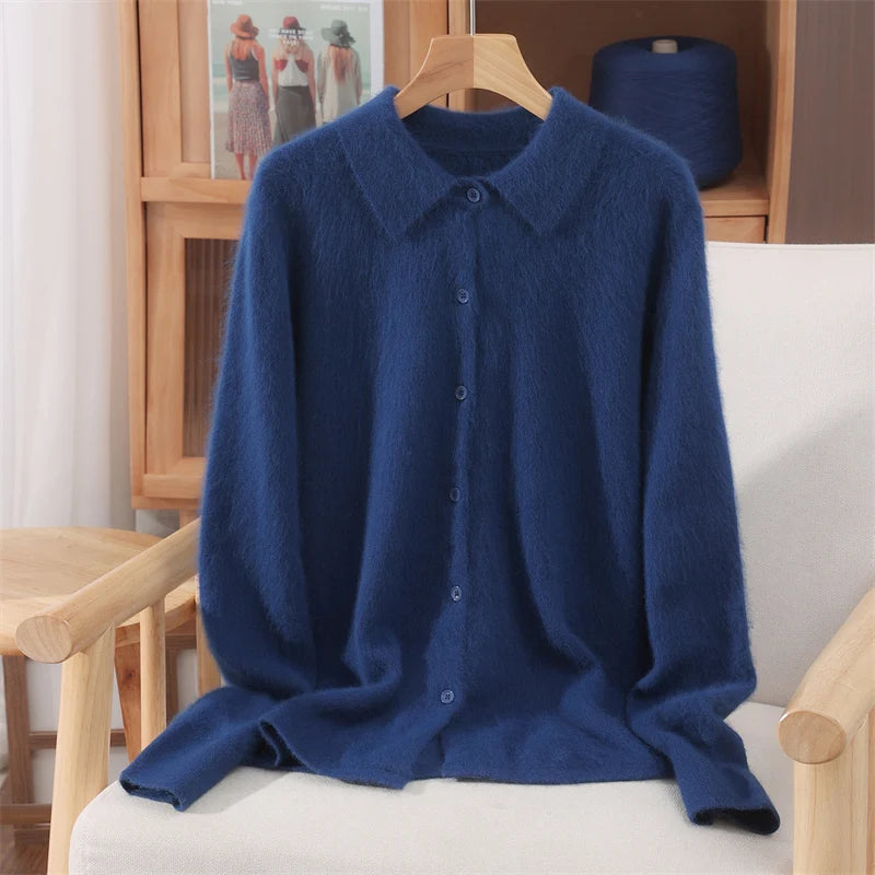 Polo Collar Commute Cardigan Casual Loose Women's Autumn Winter 100% Mink Cashmere Sweater Soft Warm Exquisite Clothing Tops