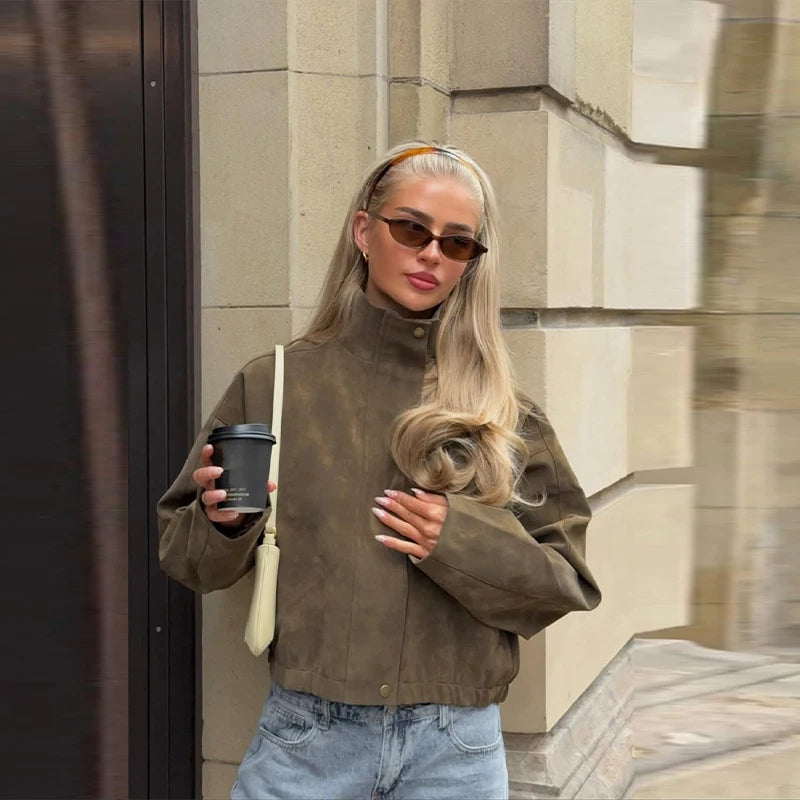 2026 Spring New Long Sleeve Bomber Jackets For Women Elegant Solid Stand Collar Short Coats High Street Chic Lady Outerwear