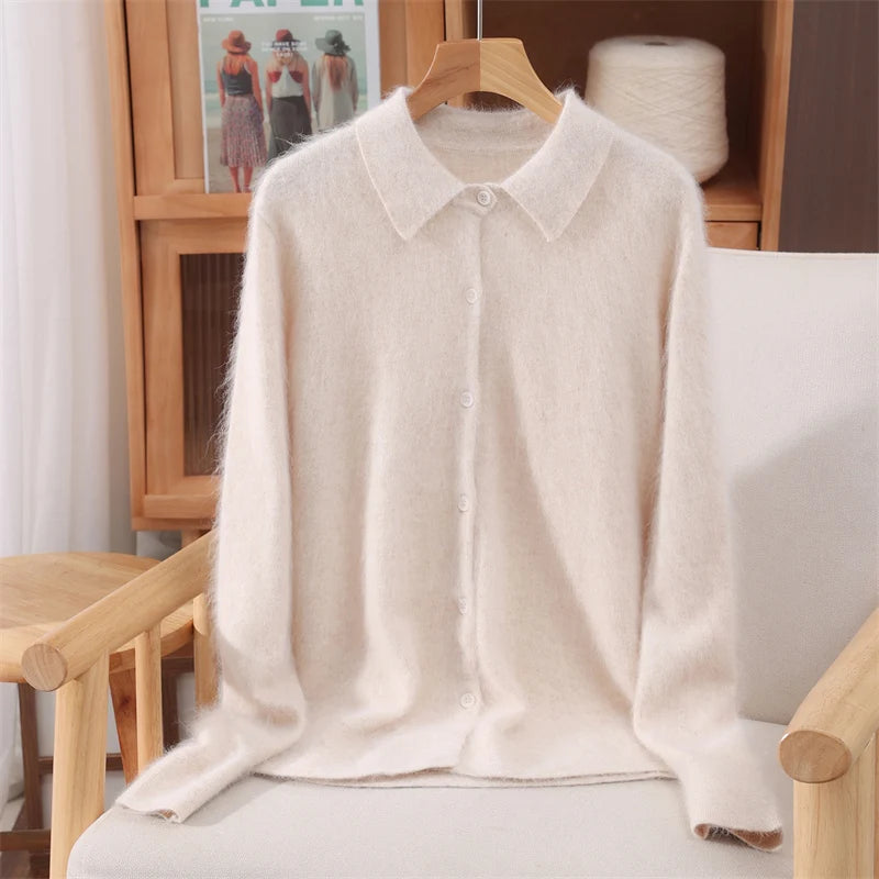 Polo Collar Commute Cardigan Casual Loose Women's Autumn Winter 100% Mink Cashmere Sweater Soft Warm Exquisite Clothing Tops