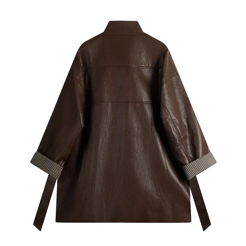 American Maillard coffee color design sense, lace-up and thin leather jacket, huge good-looking autumn wear, Korean coat top