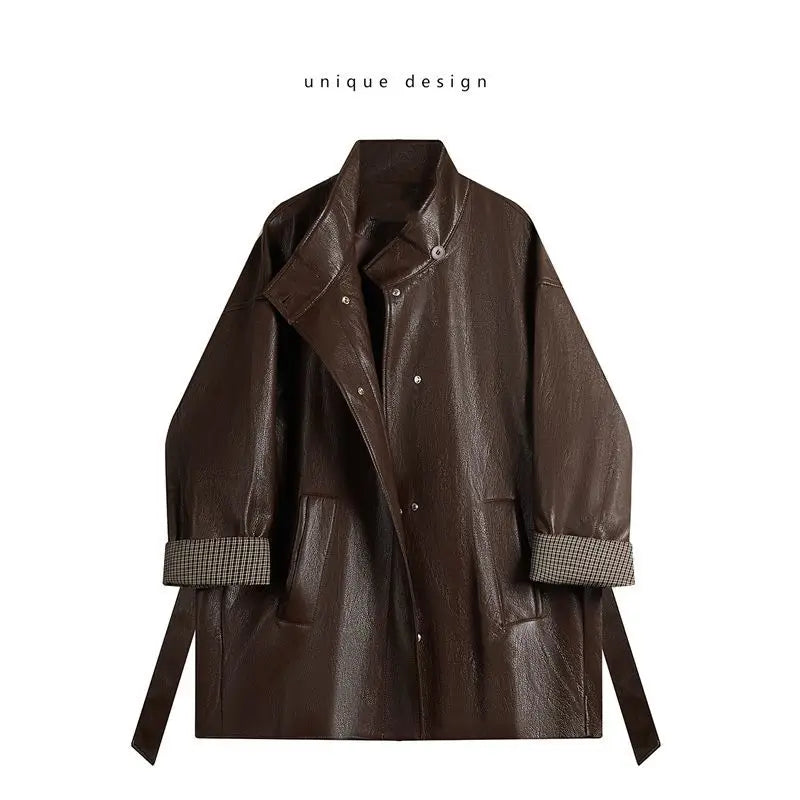 American Maillard coffee color design sense, lace-up and thin leather jacket, huge good-looking autumn wear, Korean coat top