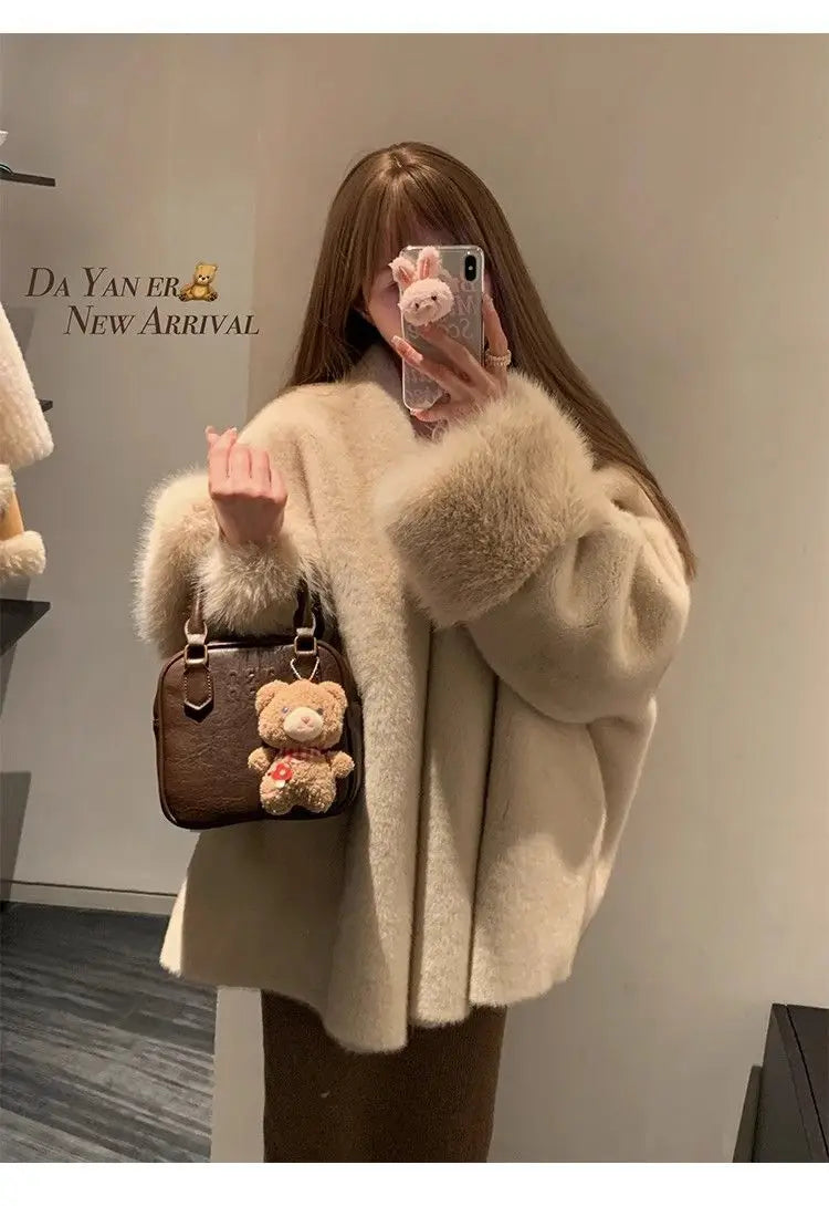 Women Autumn Winter Plush Coats Elegant Solid Color Office Patchwork Cuff Collar Loose-fit Coat V-neck Chic Fashionable Jackets