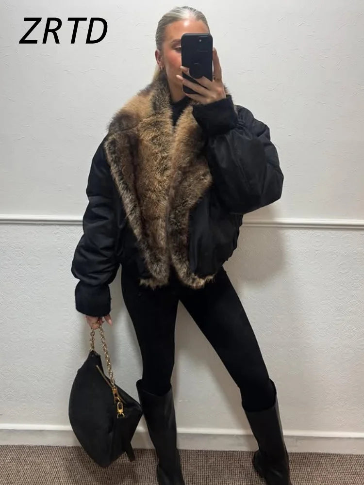 Street Faux Fur Patchwork Cropped Coats Women Loose Lapel Full Sleeve Pockets Warm Jackets 2025 Winter Lady Fashion Outwear
