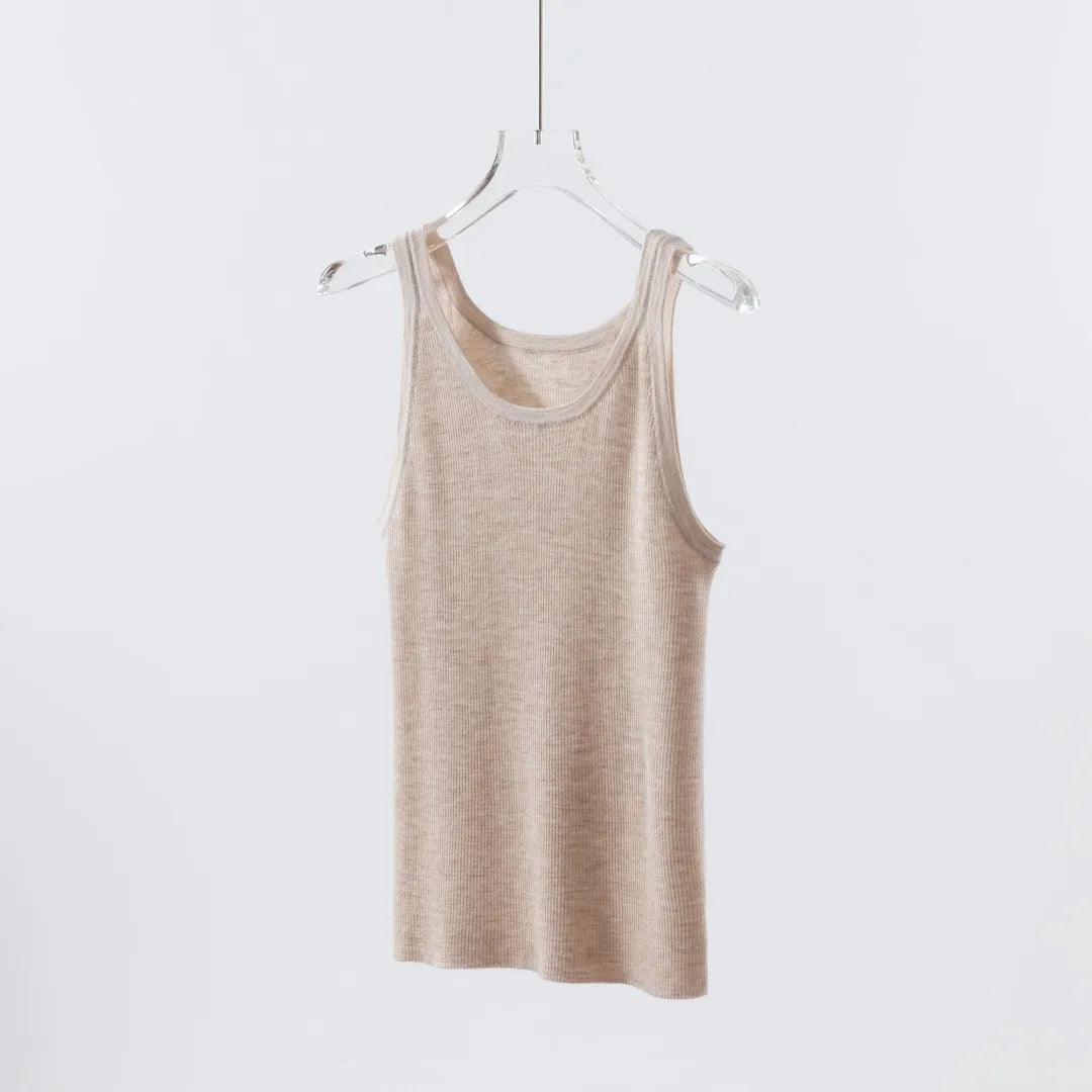 Fine-Spun 100% Superfine Merino Wool Round-Neck Knitted Camisole for Women, Thin, Slim-Fitting, Sleeveless Base Layer Top