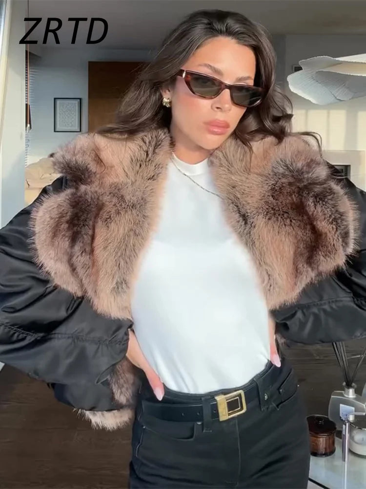 Street Faux Fur Patchwork Cropped Coats Women Loose Lapel Full Sleeve Pockets Warm Jackets 2025 Winter Lady Fashion Outwear