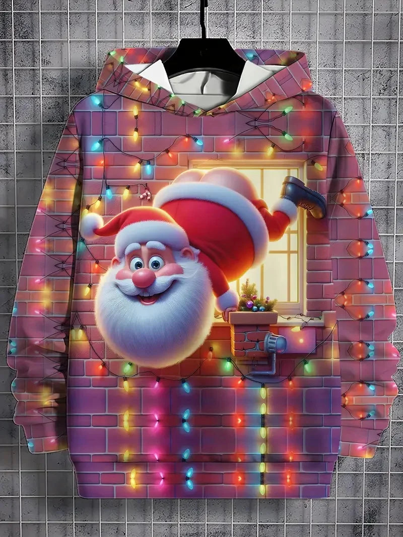 Men'S Santa Claus Motorcycle Hoodie Full Print Christmas Pullover Sweatshirt With Santa Riding Motorcycle Men's Sweatshirt