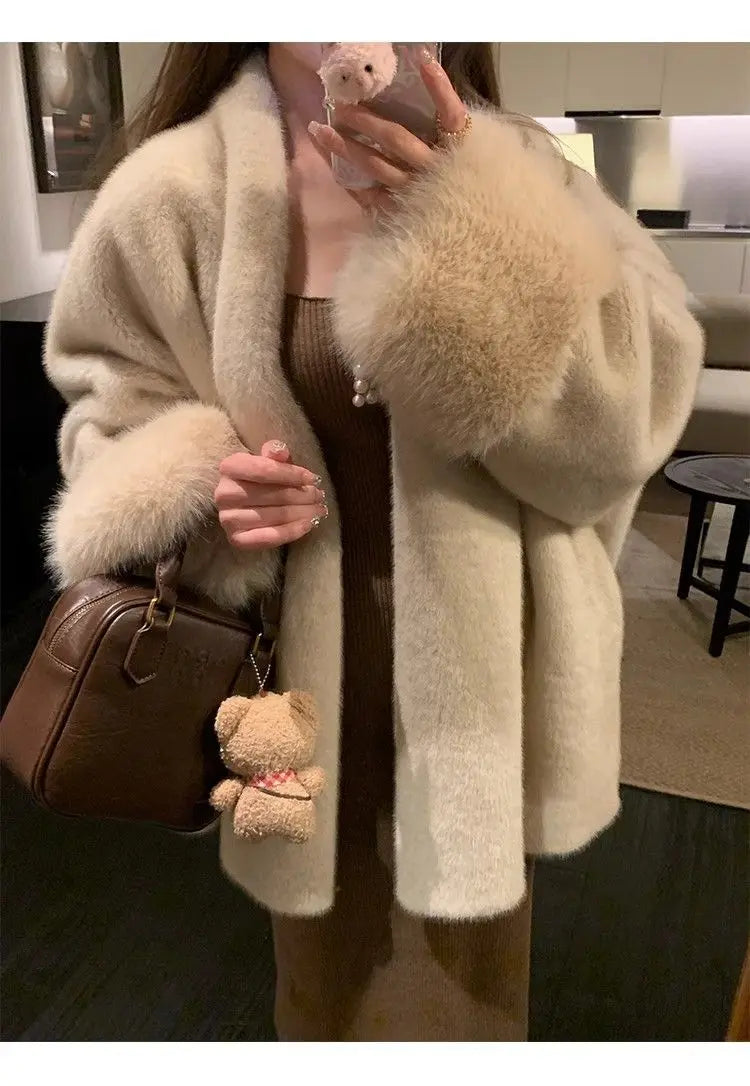 Women Autumn Winter Plush Coats Elegant Solid Color Office Patchwork Cuff Collar Loose-fit Coat V-neck Chic Fashionable Jackets