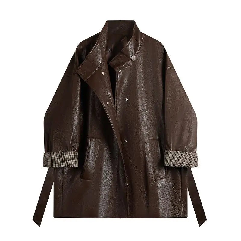 American Maillard coffee color design sense, lace-up and thin leather jacket, huge good-looking autumn wear, Korean coat top