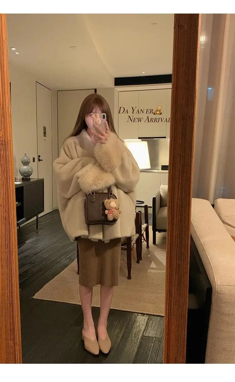 Women Autumn Winter Plush Coats Elegant Solid Color Office Patchwork Cuff Collar Loose-fit Coat V-neck Chic Fashionable Jackets