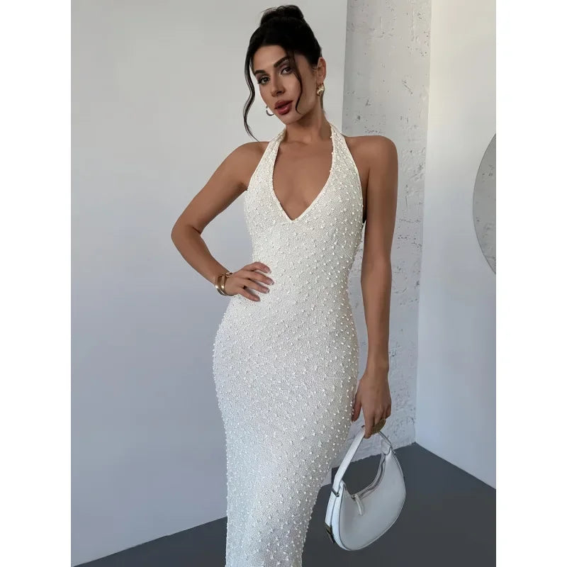 2025 Women Cross Summer Dress Long Skirt for border Fashion Elegant Beauty V-neck European and American Bareback Hanging Neck