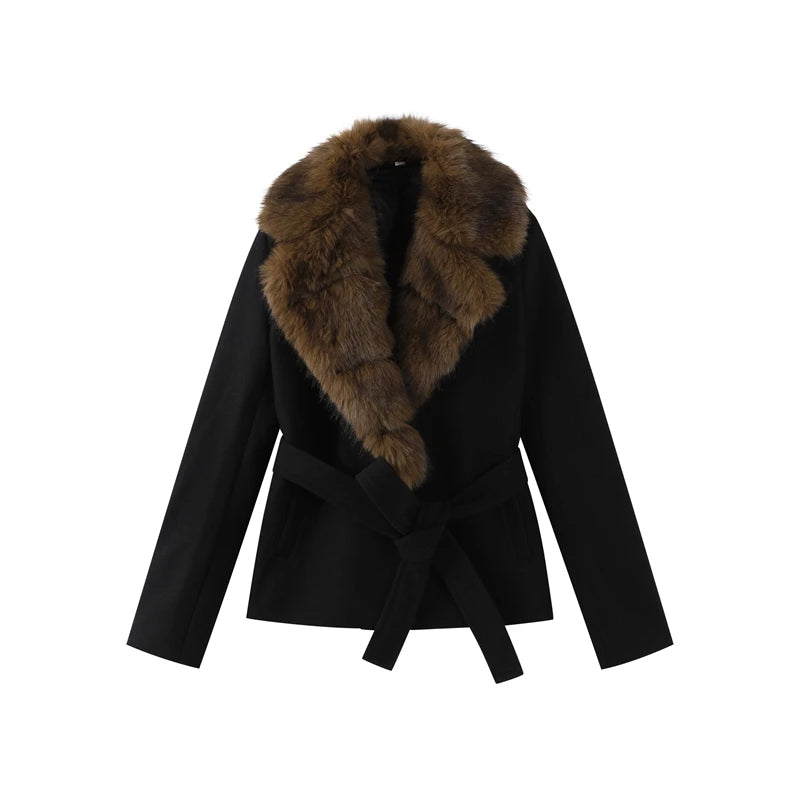 Street Faux Fur Patchwork Cropped Coats Women Loose Lapel Full Sleeve Pockets Warm Jackets 2025 Winter Lady Fashion Outwear