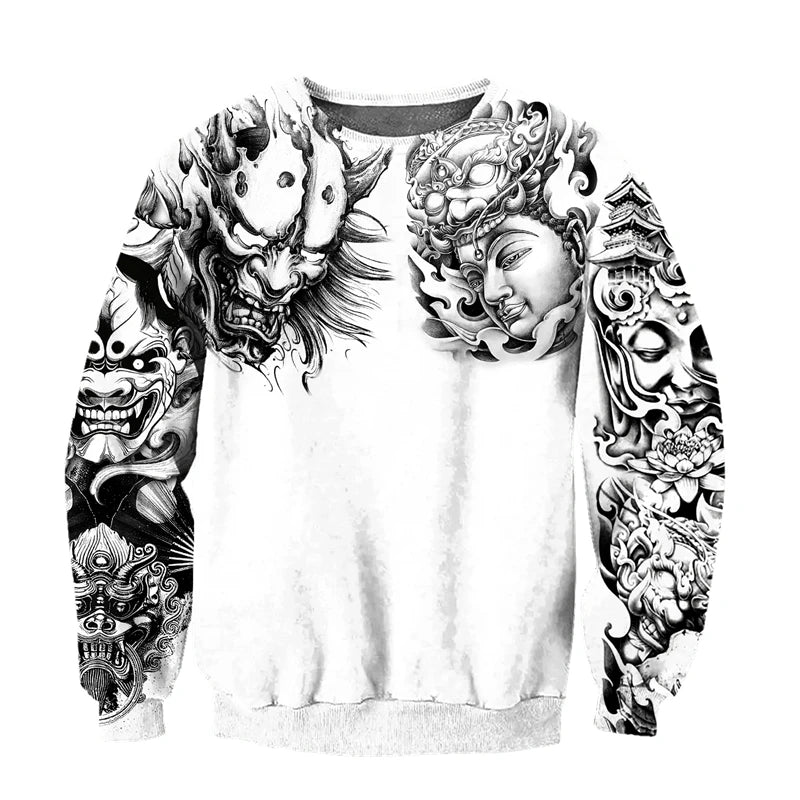 Japanese Mythology Mask Printed Sweatshirt Men's Clothes Harajuku Street Pullover Top 3D Printed Mysterious Culture Sweatshirts