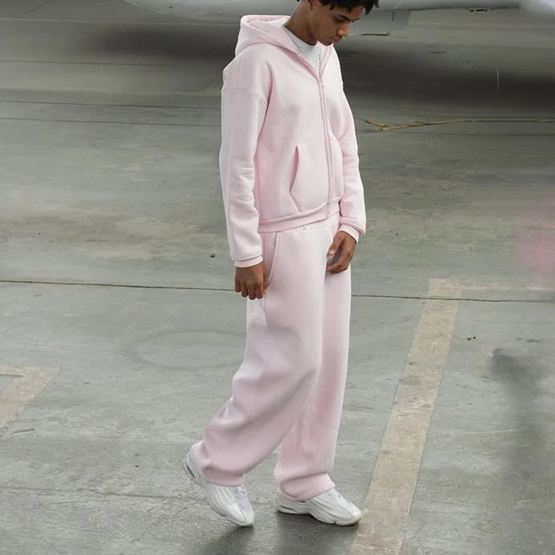 2025 New Men Clothing Tracksuit Hoodie Solid Color Warm Sweater Loose Oversized Sports Suit Pullover Pink Street Fashion