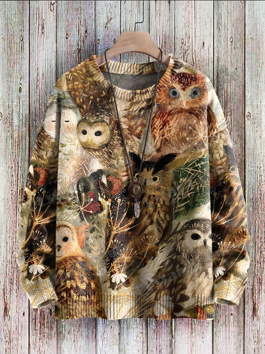 PLstar Cosmos Retro Owl & flowers Pattern 3D Printed Men's Knitted Pullover Winter Unisex Casual Knit Pullover Sweater ZZM116