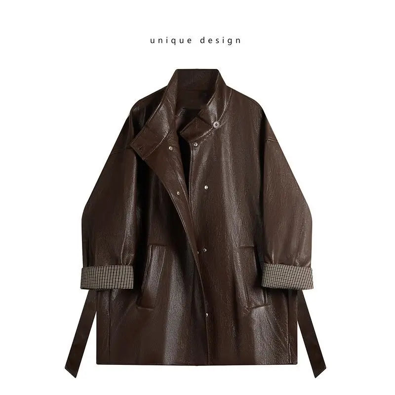 American Maillard coffee color design sense, lace-up and thin leather jacket, huge good-looking autumn wear, Korean coat top