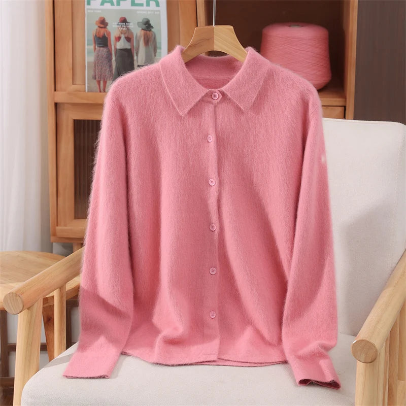 Polo Collar Commute Cardigan Casual Loose Women's Autumn Winter 100% Mink Cashmere Sweater Soft Warm Exquisite Clothing Tops