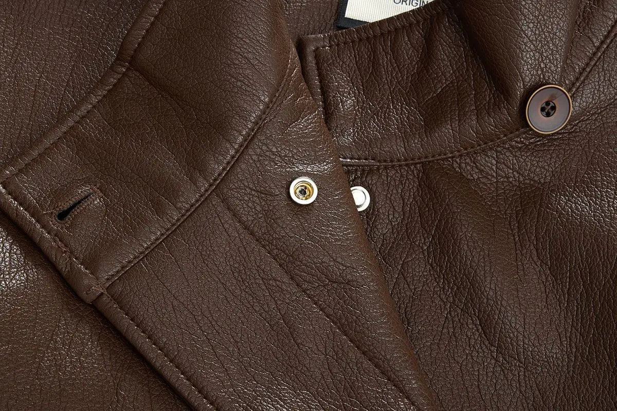 American Maillard coffee color design sense, lace-up and thin leather jacket, huge good-looking autumn wear, Korean coat top