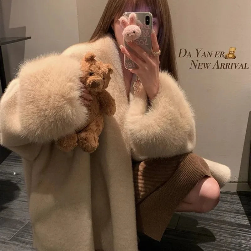Women Autumn Winter Plush Coats Elegant Solid Color Office Patchwork Cuff Collar Loose-fit Coat V-neck Chic Fashionable Jackets