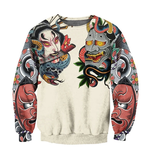 Japanese Mythology Mask Printed Sweatshirt Men's Clothes Harajuku Street Pullover Top 3D Printed Mysterious Culture Sweatshirts