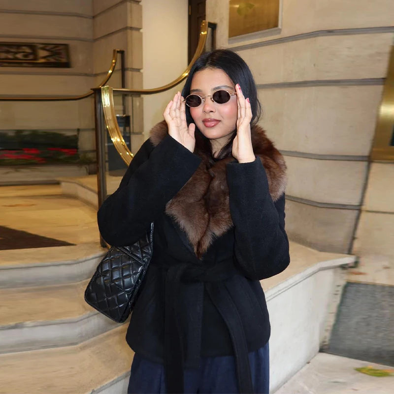 Street Faux Fur Patchwork Cropped Coats Women Loose Lapel Full Sleeve Pockets Warm Jackets 2025 Winter Lady Fashion Outwear