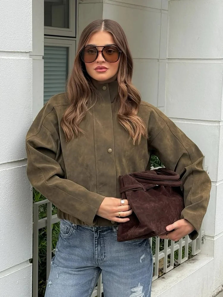 2026 Spring New Long Sleeve Bomber Jackets For Women Elegant Solid Stand Collar Short Coats High Street Chic Lady Outerwear