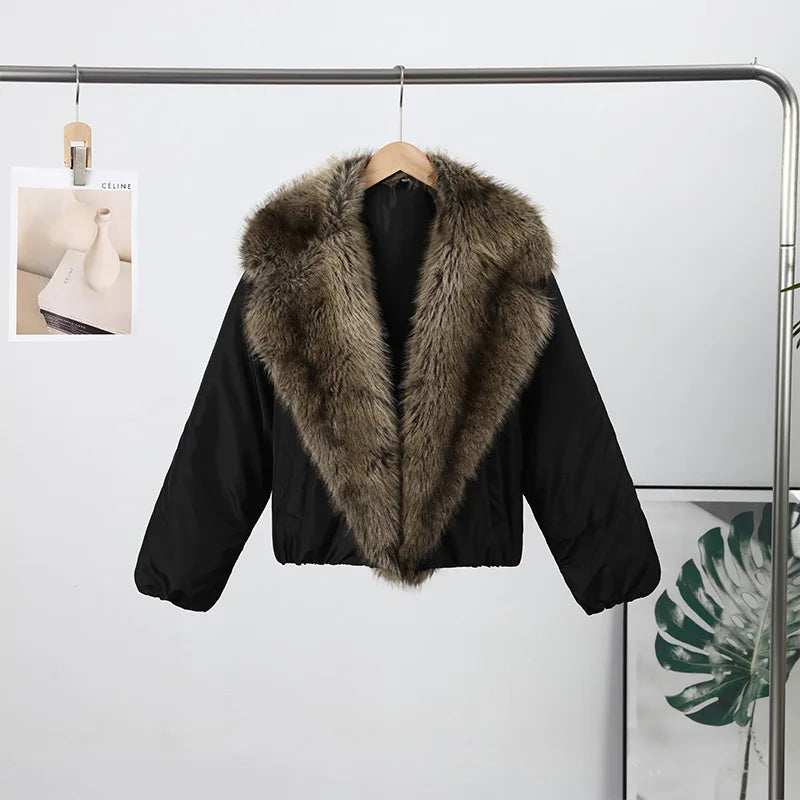Street Faux Fur Patchwork Cropped Coats Women Loose Lapel Full Sleeve Pockets Warm Jackets 2025 Winter Lady Fashion Outwear