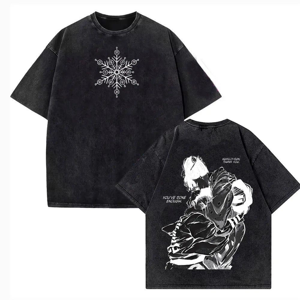 Hot Anime Vintage Washed T-Shirt Akaza Cartoon Y2k Cotton T-shirt Harajuku Male Female Clothing